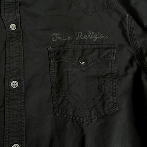 True Religion Shirt Mens 3XL Denim Pearl Snap Metal Button Slim Embroidered